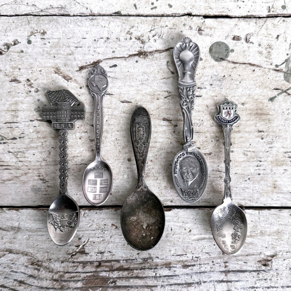 Vintage Souvenir Spoon Lot Thomas Edison Six‎ Flags USA White House Woburn Abbey